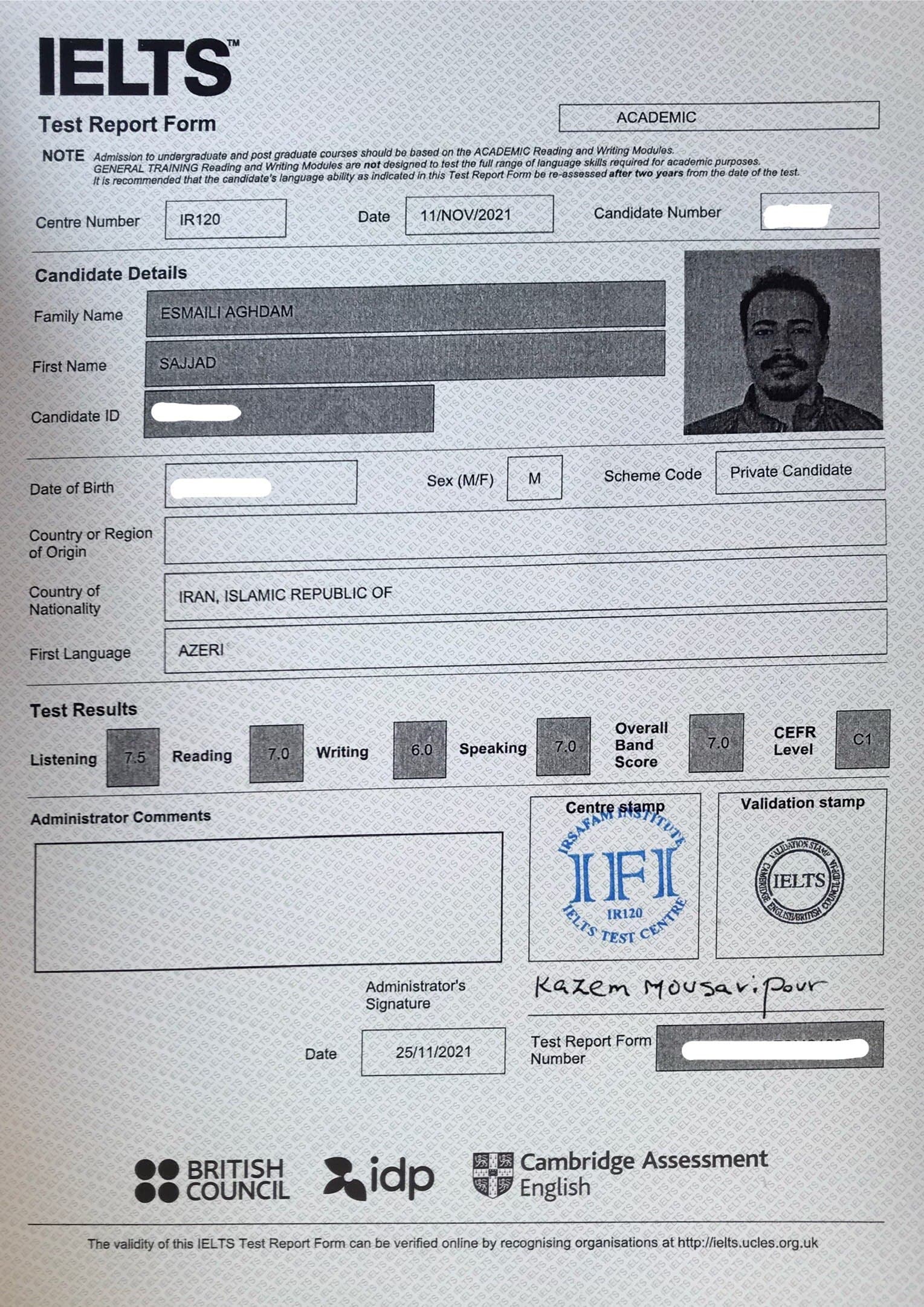 Sajjad Esmaili Aghdam result paper | Mahdiyeh Mousvi English Teach & IELTS Instructor