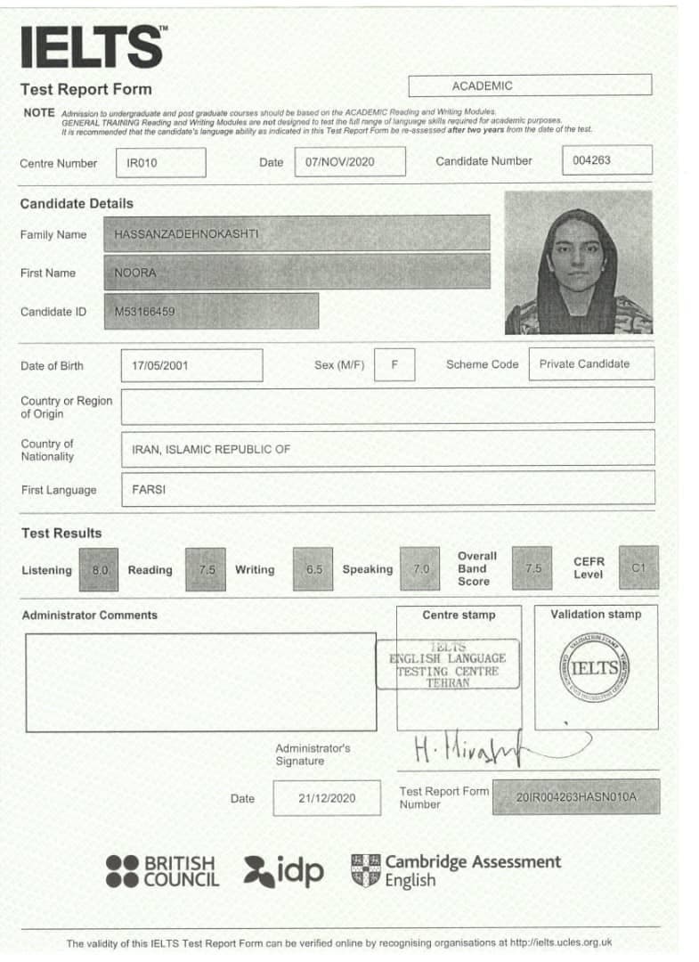 Noora Hasan Zadeh result paper | Mahdiyeh Mousvi English Teach & IELTS Instructor