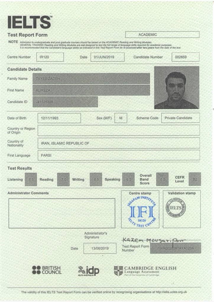 Ali Reza Taybizadeh result paper | Mahdiyeh Mousvi English Teach & IELTS Instructor