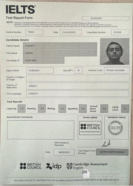 Sadra Yousefi result paper | Mahdiyeh Mousvi English Teach & IELTS Instructor