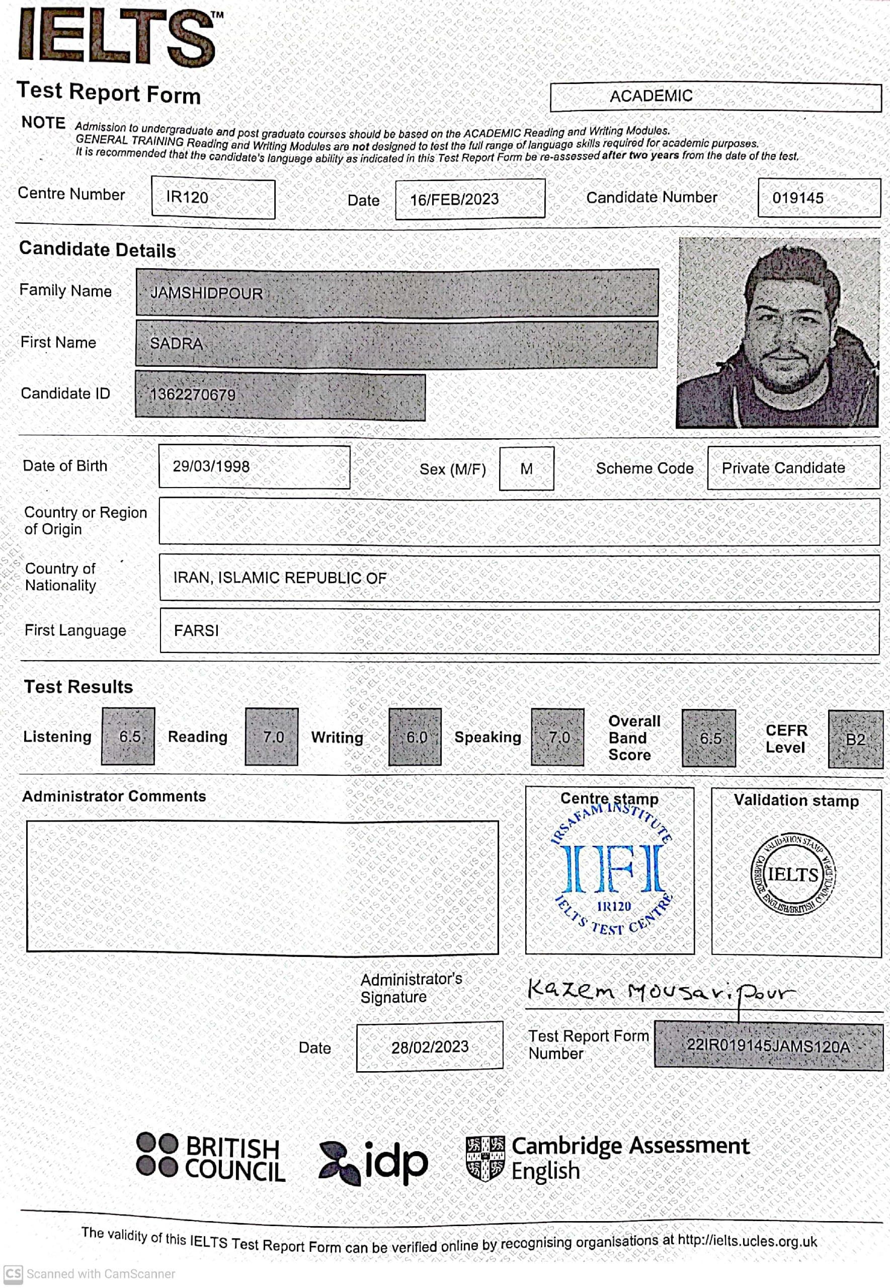 Reza Jamshidpour result paper | Mahdiyeh Mousvi English Teach & IELTS Instructor