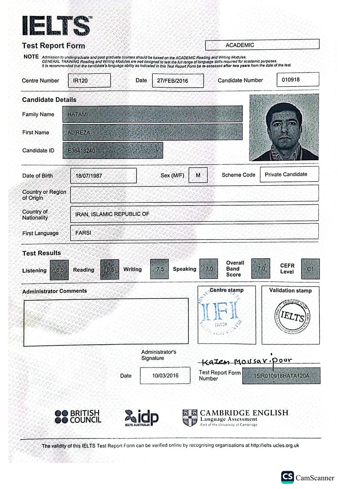 Alireza Hatami result paper | Mahdiyeh Mousvi English Teach & IELTS Instructor
