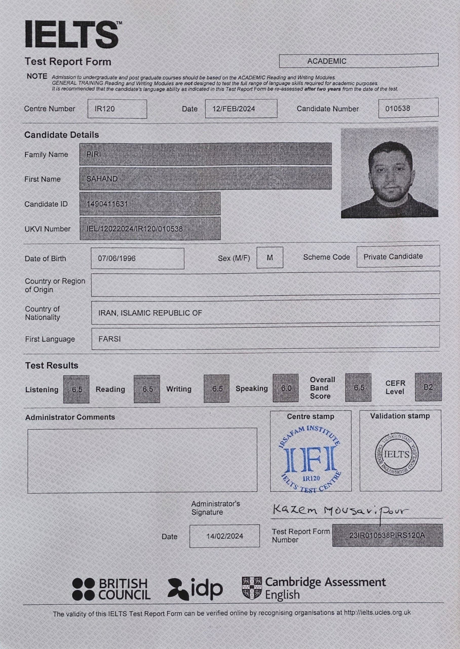 Sahand Piri result paper | Mahdiyeh Mousvi English Teach & IELTS Instructor