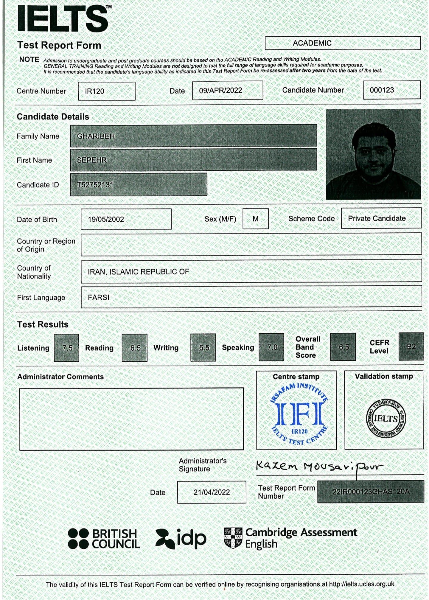 Sepehr Gharibeh result paper | Mahdiyeh Mousvi English Teach & IELTS Instructor